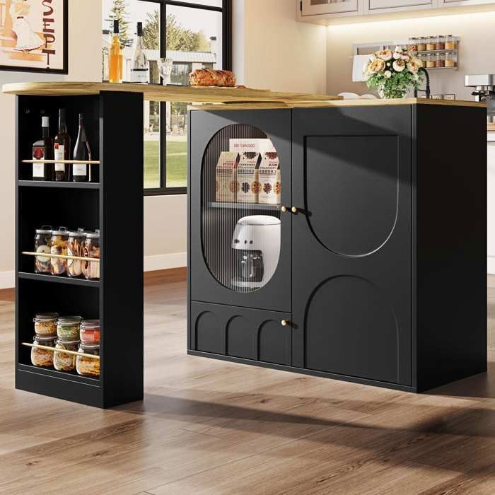 Îlot de cuisine pivotant 360° 138x39x102 cm table haute avec rangements portes et étagères blanc et noir