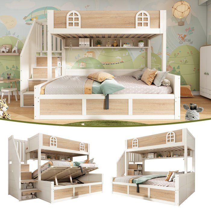 Lit superposé en bois de pin et panneaux de particules 90x200 et 140x200 avec rangements et échelle