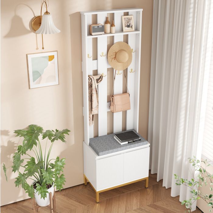 Meuble d’entrée AESVAR blanc mat avec 8 crochets doubles dorés banc rembourré meuble à chaussures LED
