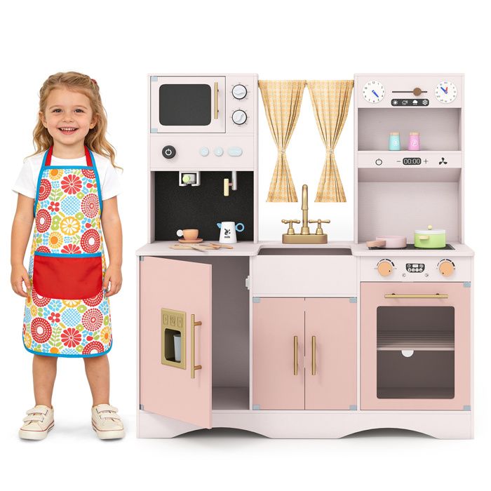 Cuisine Enfant - COSTWAY - Cuisine Imitation Bois 3 Ans+ Micro-Ondes Cafetière Machine Glaçons Évier Horloge Météo Rose