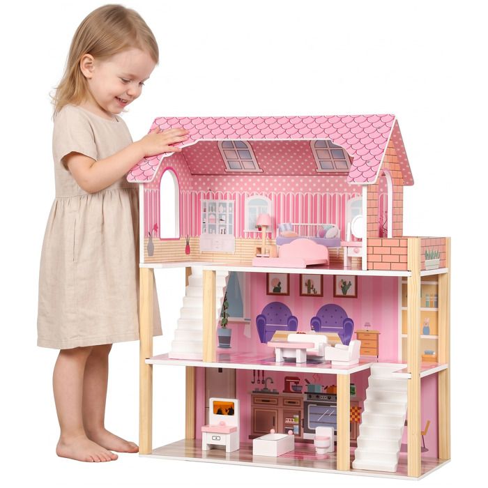 Maison de poupée pour enfants - AIYAPLAY - 3 étages avec balcon escaliers et 10 accessoires - en bois - 59 x 23 6 x 69 5 cm - rose