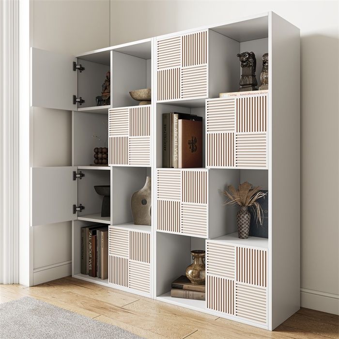 Bibliothèque 125x30x60cm - Meuble rangement modulable à 8 cases 4 portes à persiennes pose horizontale/verticale - Blanc Bibliothèque 125x30x60cm - Meuble rangement modulable à 8 cases 4 portes à persiennes pose horizontale/verticale - Blanc