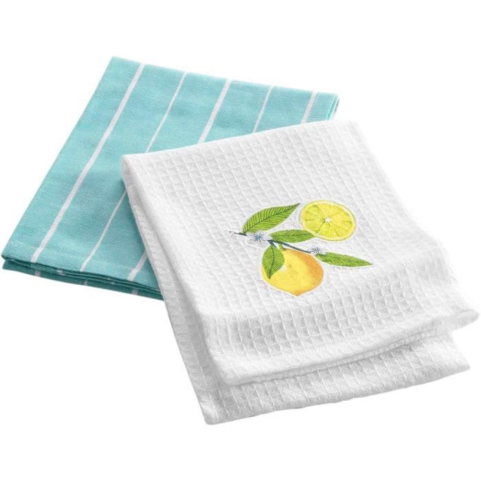 Lot De 2 Torchons Nid D'Abeille Brodé "Botanique" 50x70cm Vert