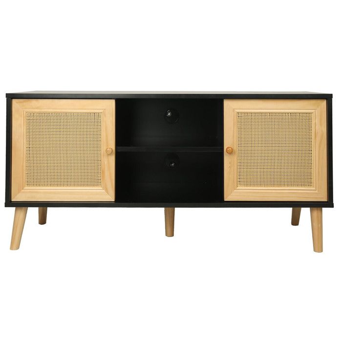 Meuble TV scandinave en cannage Iguane - 120 x 30 x 56.5 cm - Noir