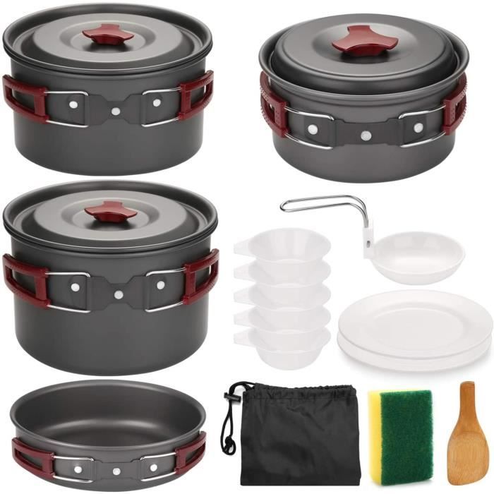 odoland multi-pcs kit de casseroles camping poêlé en aluminium durable et compact - poêle +casseroles +assiettes +bols ustensiles de