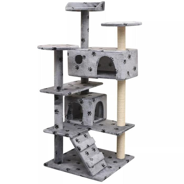 Arbre à chat griffoir grattoir niche jouet animaux peluché et sisal 125 cm empreintes de pattes gris 3702268 Arbre à chat griffoir grattoir niche jouet animaux peluché et sisal 125 cm empreintes de pattes gris 3702268