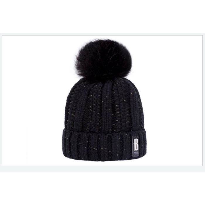 Bonnet Tricoté Noir Doublé Polaire Gris - Chaud Et Doux - Taille Unique Adulte