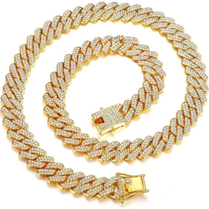 Chaîne Cubaine Hommes, 13MM Colliers Chaîne Plaqué Or Argent Chaîne Diamant, Cadeau de Bijoux Hip hop pour 20CM OR-COLLIER