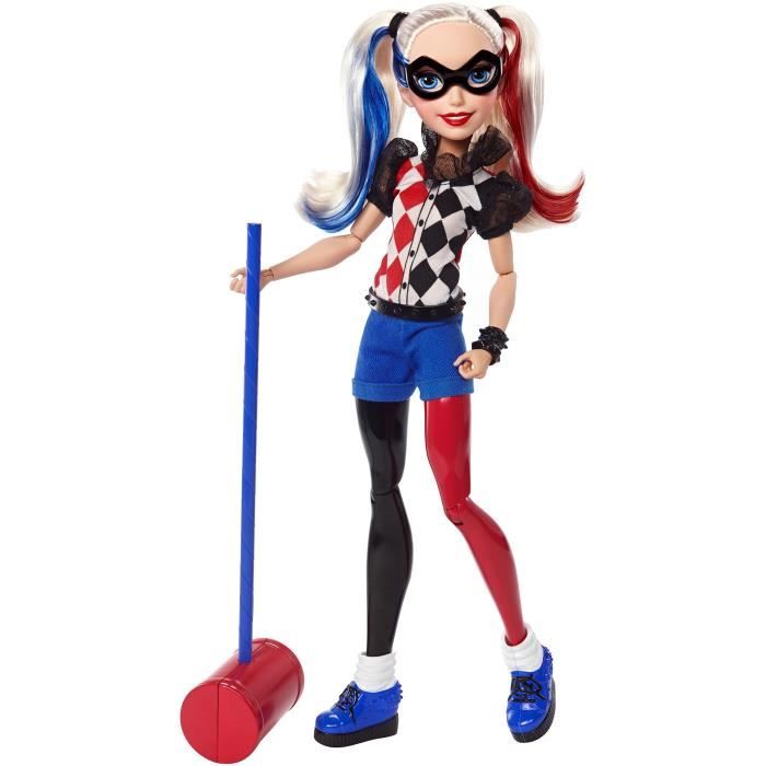 Dc Super Hero Girls Poupee Articulee Harley Quinn De 30 Cm Aux Cheveux Tricolores Avec Maillet Tenue En Tissu Et Carte Cdiscount Jeux Jouets