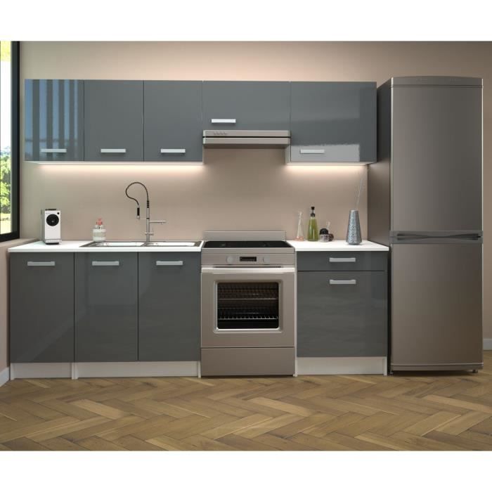 START Cuisine complète - Mélaminé blanc - Façade polymère gris brillant - L240 x P60 cm - Plan de tr