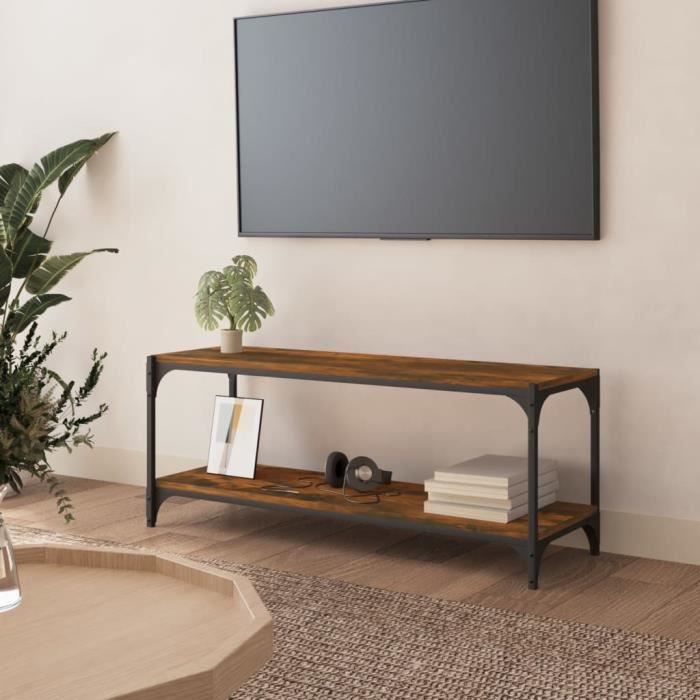 LES Meuble TV Chêne fumé 100x33x41 cm Bois d'ingénierie et acier 117221 ...