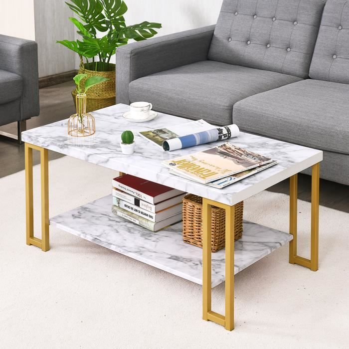 giantex table basse marbre doré à 2 étagères,table de salon bout de canapé rectangulaire, style moderne, 100 x 49,5 x 45 cm