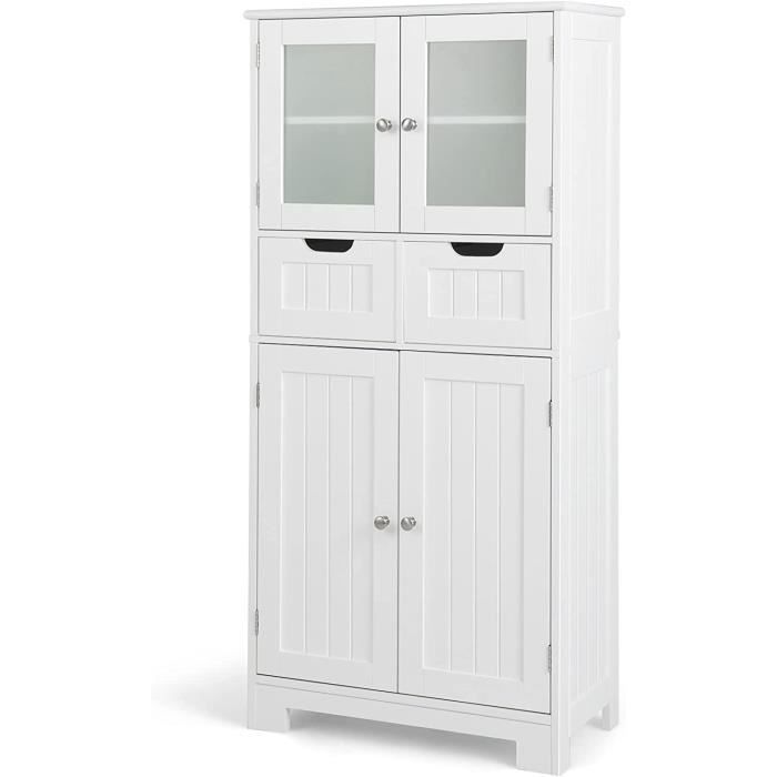 GOPLUS Meuble Rangement sur Pied avec Compartiment à Porte en Verre Trempé 2 Tiroirs et 1 Cabinet Clôturé Étagère Ajustable