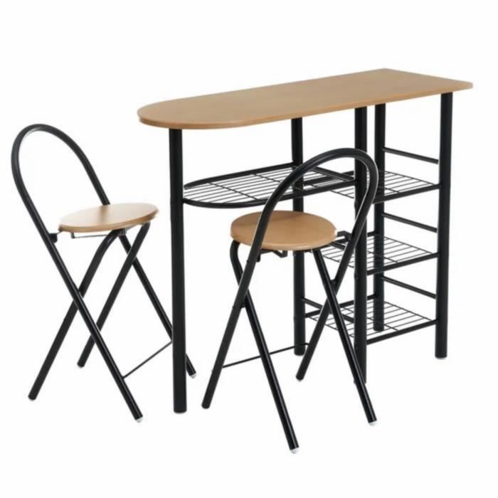 Ensemble de table et 2 tabourets de bar - JUANIO - Naturel/noir - Rectangulaire - Cuisine
