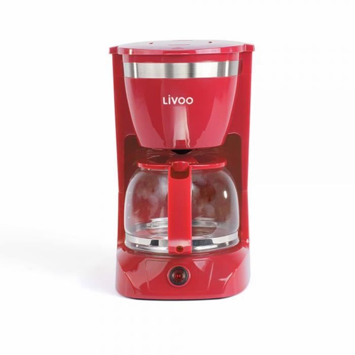 Cafetière électrique LIVOO DOD163R - finition Rouge, capacité de 1.25L / 12 tasses, Verseuse en verre avec système anti-gouttes