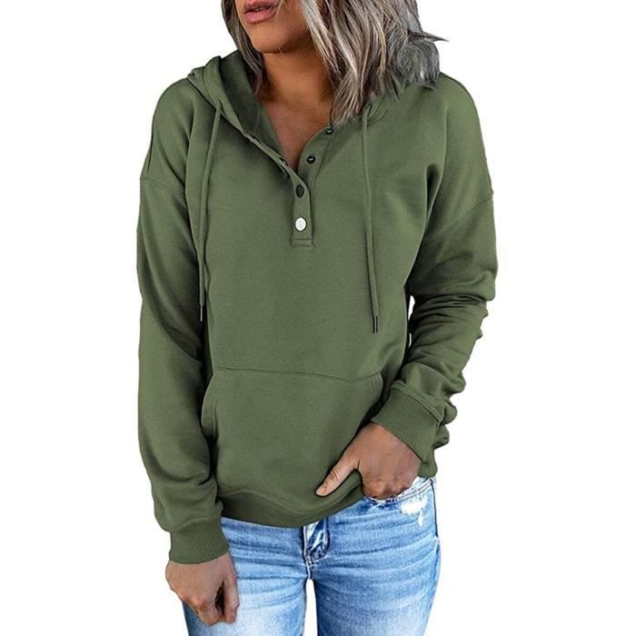 Pull Femme Sweat a Capuche Col Bouton Poche Kangourou Oversize Hoodie Vert S
