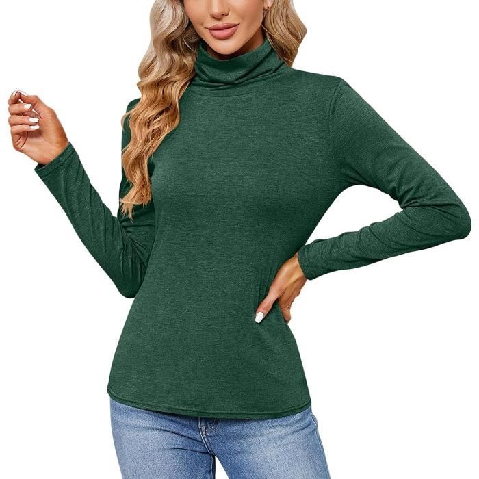 T-SHIRT Tee Shirt Manche Longue Femme sous Pull Col Roulé Femme Basique  Moulant Haut Femme Hiver Chaud Chic Tshirt Automne Vert