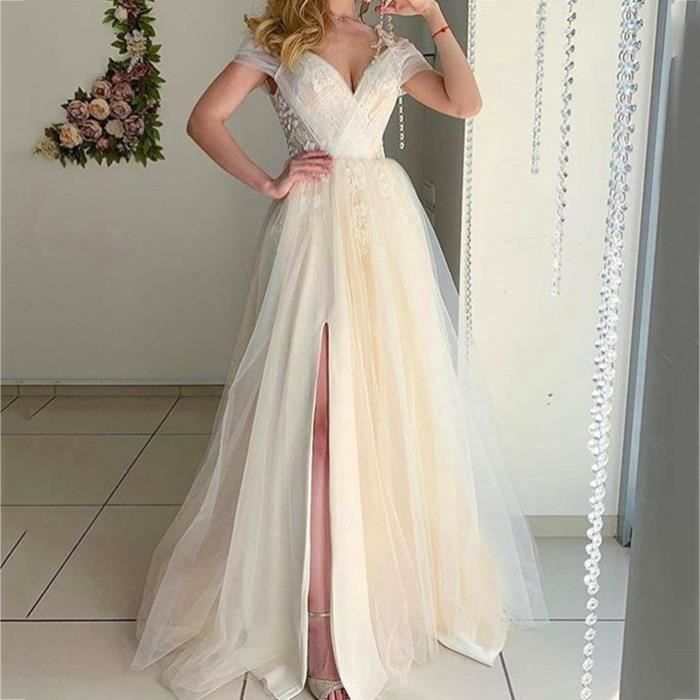Robe Dames Sexy Col En V De Mariee Fendue Dentelle Beige L 12 Beige Cdiscount Pret a Porter