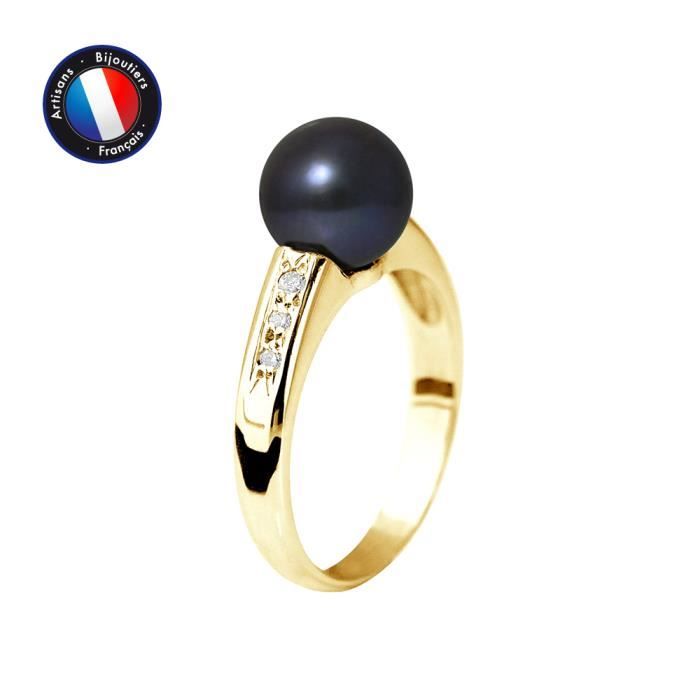 PERLINEA - Bague Véritable Perle de Culture d'Eau Douce Ronde 8-9 mm - Colori Black Tahiti - Diamant - Or Jaune - Bijou Femme