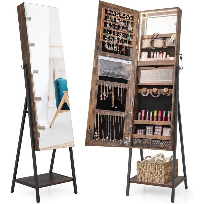 Armoire à Bijoux avec Miroir sur Pieds - RELAX4LIFE - 2 en 1 - Lumières LED 3 Couleurs - Étagère Ouverte - 2 Miroirs - Marron