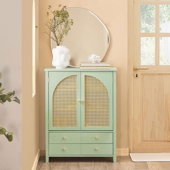 Buffet dEntrée - SoBuy - 4 Tiroirs et 2 Portes en Ploy Rotin - Meuble à chaussures Vert - 70 x 34 x 90 cm FSB72-GR