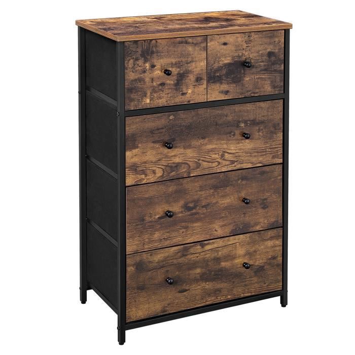 Commode de chambre 5 Tiroirs en Tissu - SONGMICS - Style Industriel - Marron Rustique et Noir