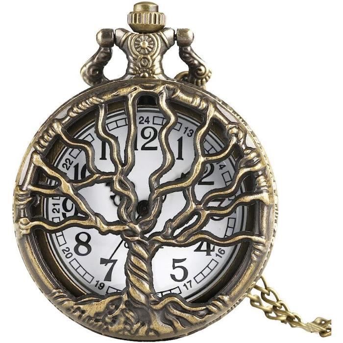 Montre De Poche Arbre De Vie Élégante - Collier Chaîne 78cm Acier Inoxydable Argent Pour Femmes