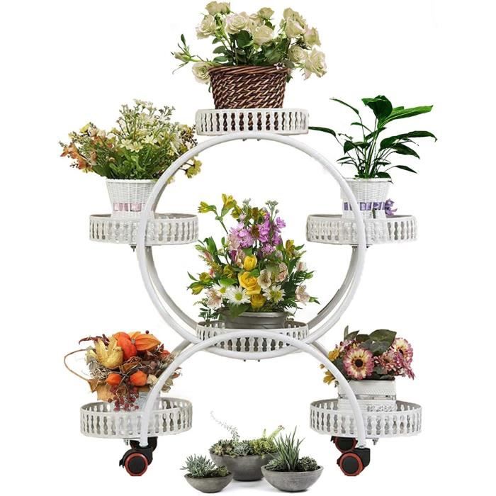 Support Plantes Métal 4 étages 6 Pots - Avec Roulettes Frein - 75x28x78cm - Intérieur/extérieur