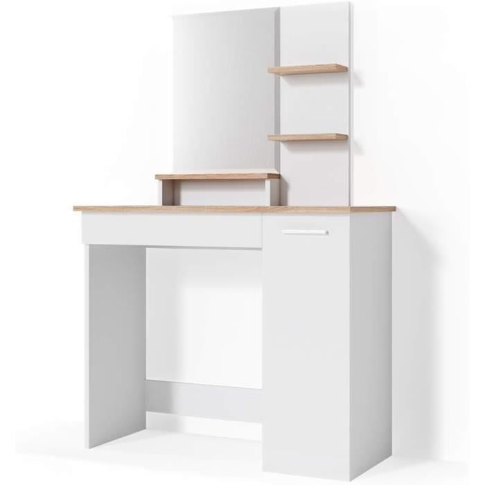 Coiffeuse Julia Blanc 90cm avec miroir LED, chargeur QI et tabouret Vicco