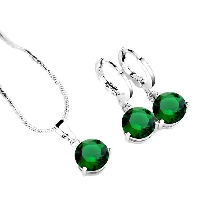 parure bijoux solitaire cristal rond vert métal argenté rhodié