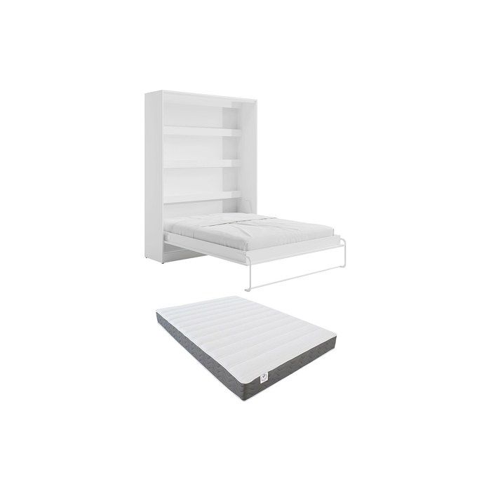 Lit escamotable 160 x 200 cm - Ouverture verticale manuelle - Blanc + Matelas - RAPILI
