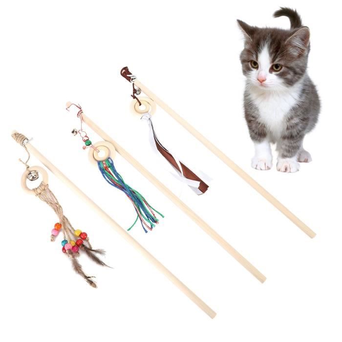 Meilleurs prix pour 3 pièces chat plume jouet en bois chat baguette jouets taquiner jouet chat teaser bâton formation interactive jouer jouet avec
