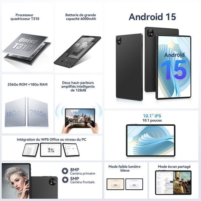 Tablette Android 15 - 10,1 Pouces - 18 Go RAM + 128 Go ROM - écran HD - Batterie 6000 MAh - 10