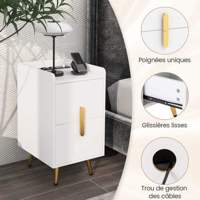 Table De Chevet LED Avec Station De Charge Table De Nuit Avec 2 Tiroirs Etagere Ouverte Commode De Rangement Moderne Blanc