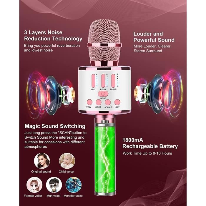 HLONK Microphone de Karaoké Sans Fil Bluetooth pour Enfants Microphone de Chant avec Lumières LED Machine de Karaoké Micro Portable Haut-Parleur Lecteur Enregistreur Jouets de Fête d'Anniversaire