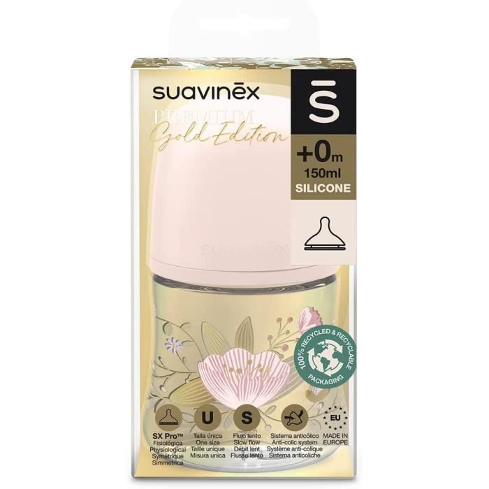 Suavinex Biberon Premium en Plastique Tétine ronde en Silicone Débit lent  150 ml – Bébé Classique