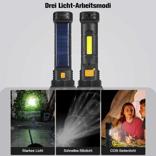 Torche solaire LED à batterie rechargeable - Lampe de poche étanche avec  banque d'alimentation d'urgence
