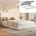 BLANKETSWARM Lit coffre double - Scandinave - 160x200 cm - Tête de lit LED - Rangement spacieux - PU blanc