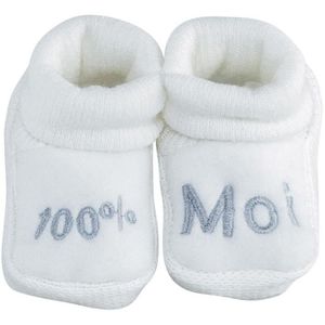 CHAUSSON - PANTOUFLE Chaussons bébé TROIS KILOS SEPT - 0-1 mois - Blanc et gris argenté - Message brodé 100% moi