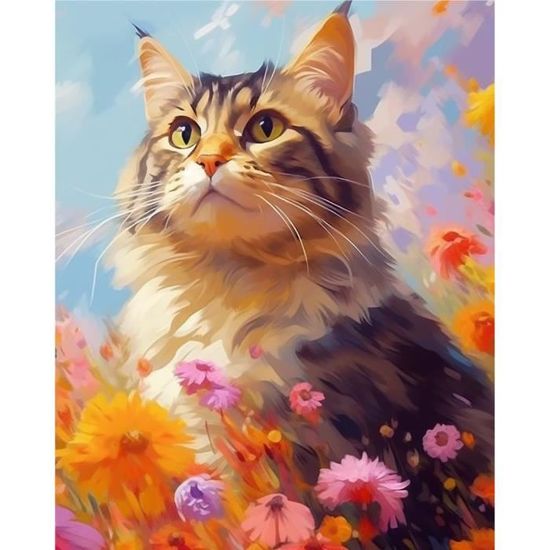 Kit Diamond Painting Chat Et Fleurs - 40x50 Cm - Strass Ronds - Loisir Créatif Adulte - Décor Mural à Compléter