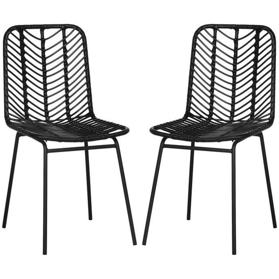Lot de 2 chaises de jardin style colonial piètement acier résine tressée aspect rotin noir 44x58x85cm Noir
