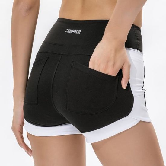 Short de Sport Femme Marque Taille Haute avec Poches Noir