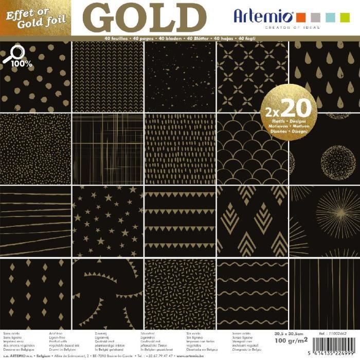 Bloc de 40 feuilles de papier scrapbooking 30x30 cm 'Gold Noir Foil or' d'Artemio