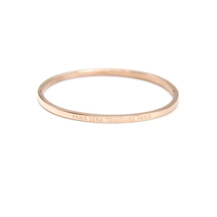 BC2297F - Bracelet Jonc Fin Acier Or Rose avec Message Paris Sera Toujours Paris