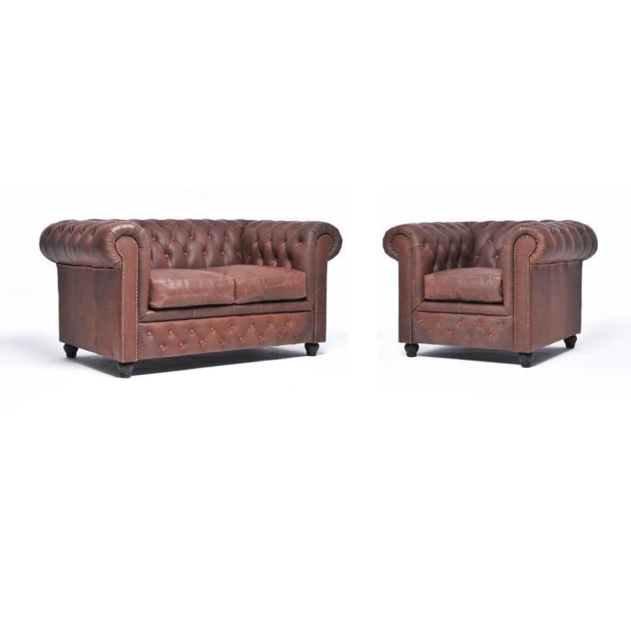 Chesterfield - Canapé 2 places et Fauteuil en cuir Chesterfield Brighton - Marron chocolat