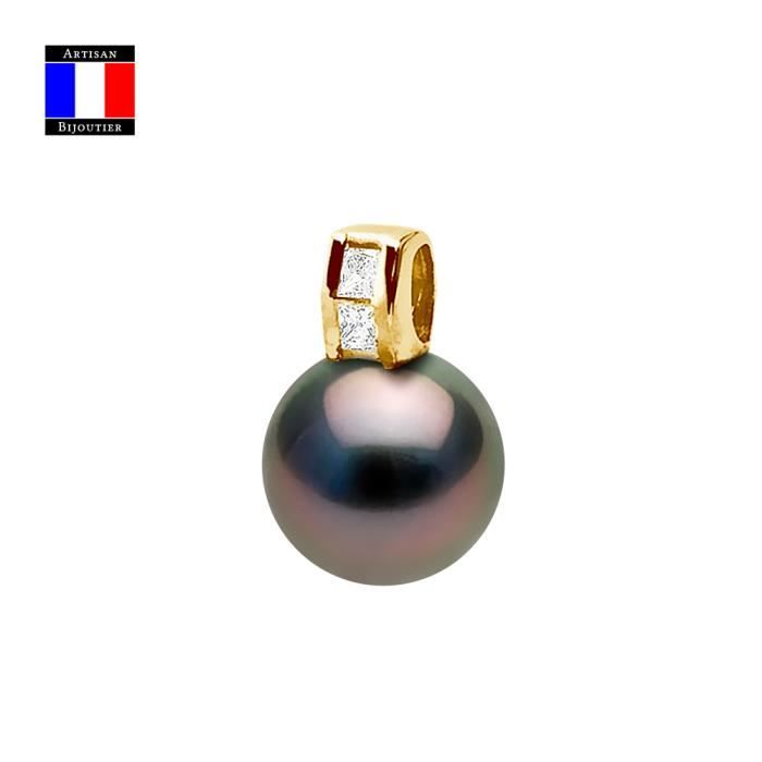 Compagnie Générale des Perles - Pendentif Diamants 0.18 Cts Véritable Perle de Tahiti Ronde 12-13 mm Or Jaune 18 Cts - Bijou Femme