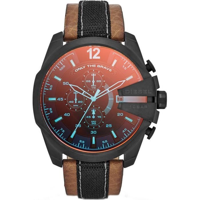 Montre Homme Diesel mega chief DZ4305 Bracelet cuir brun et tissu noir