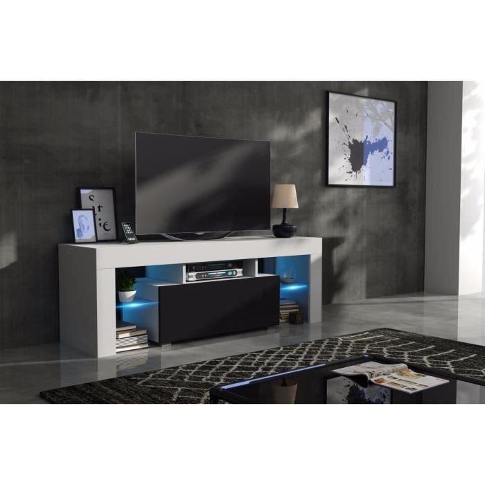 Meuble tv 130 cm corps blanc mat et porte laquée noir avec led