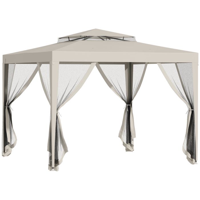 Tonnelle barnum de jardin dim. 3L x 3l x 2,65H m - 4 moustiquaires amovibles - double toit - métal époxy polyester beige