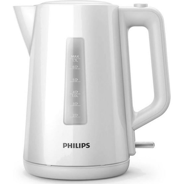 PHILIPS Bouilloire Daily HD9318/00, 2200W, 1,7 L, Plastique, Couvercle à ressort, Tamis filtre calcaire, Ébullition rapide, Blanche